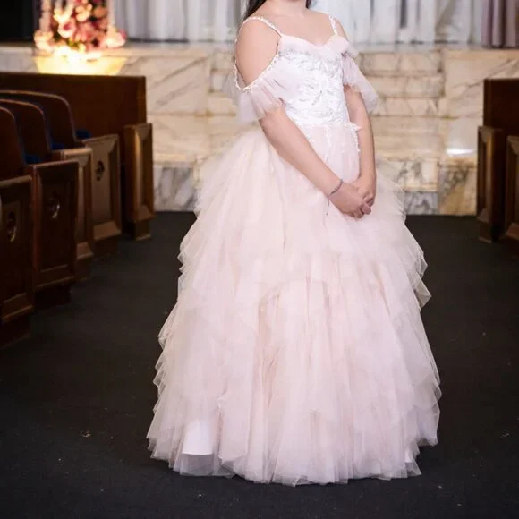 Custom Light Pink Off-Shoulder Tulle Ball Gown w/ Lace & Beaded Girls Size  14/16